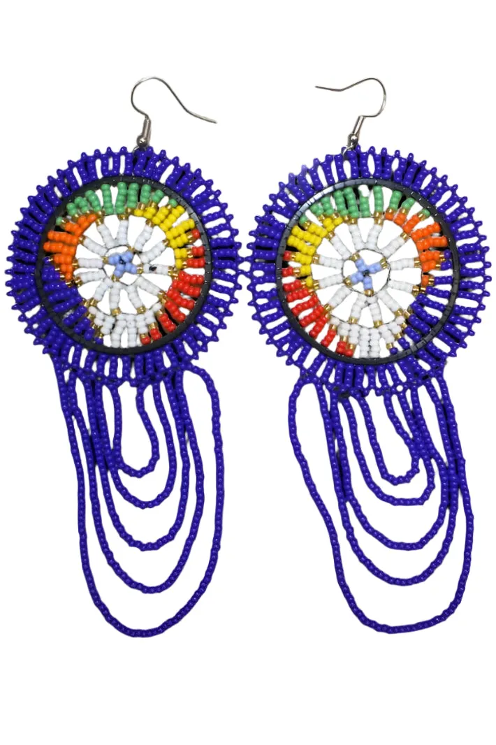 Ladies Traditional Beaded Round Earrings~Blue