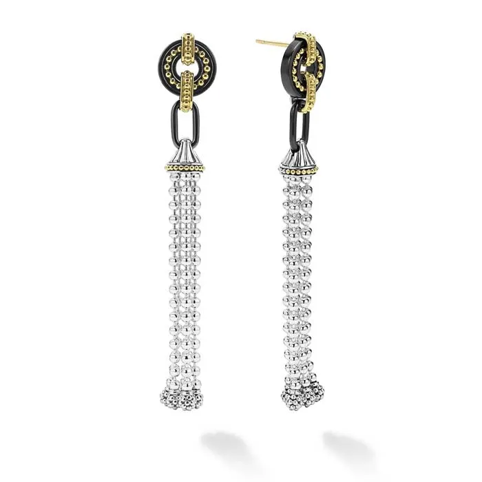 LAGOS Black Ceramic Caviar Two-Tone Tassel Earrings in 18K Yellow Gold and Sterling Silver