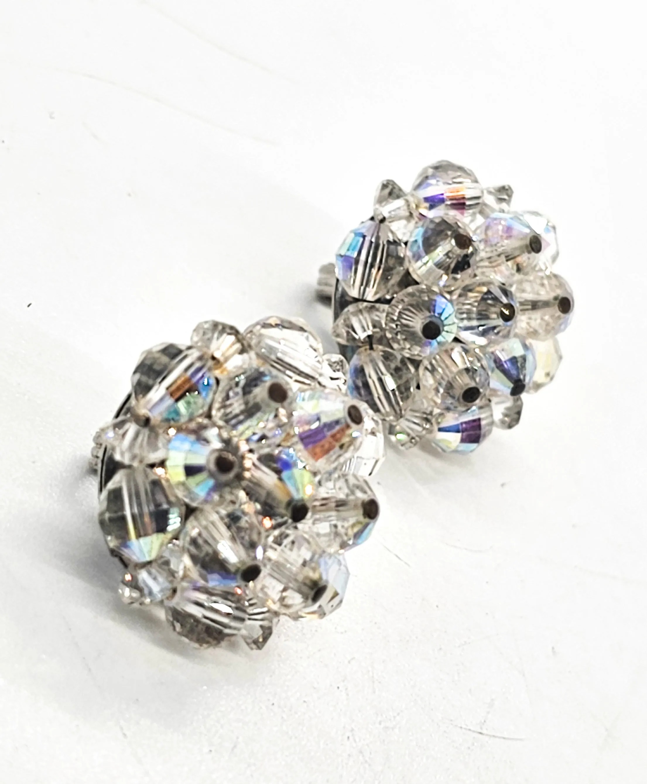 Laguna Austrian crystal Aurora Borealis beaded vintage clip on earrings