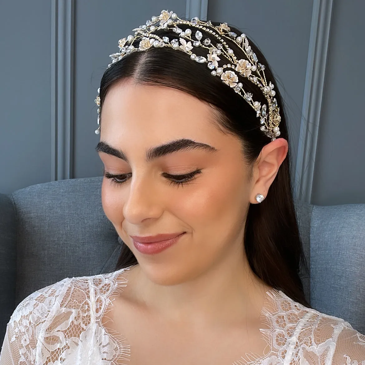 Lakia Floral Crystal Pearl Bridal Headband