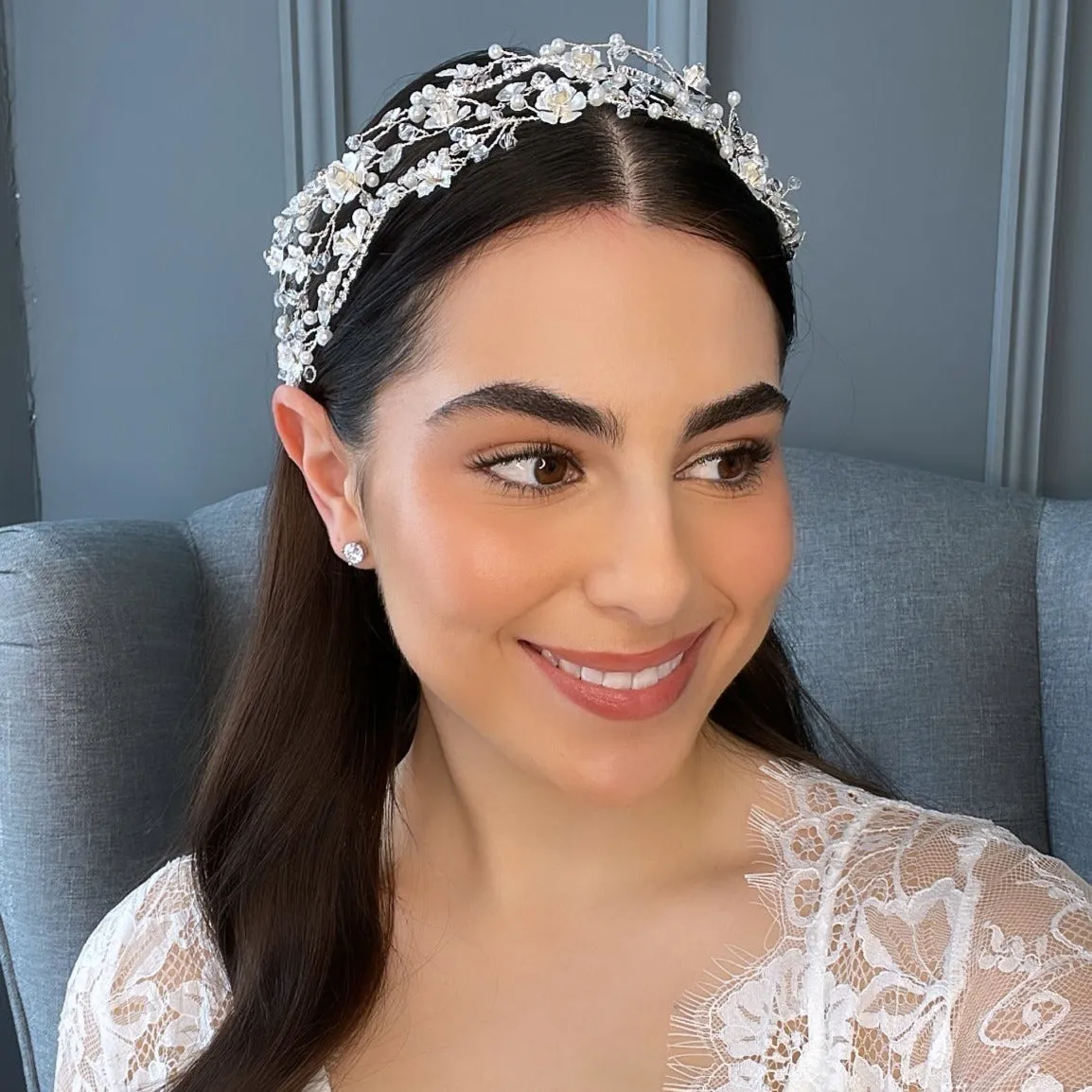 Lakia Floral Crystal Pearl Bridal Headband