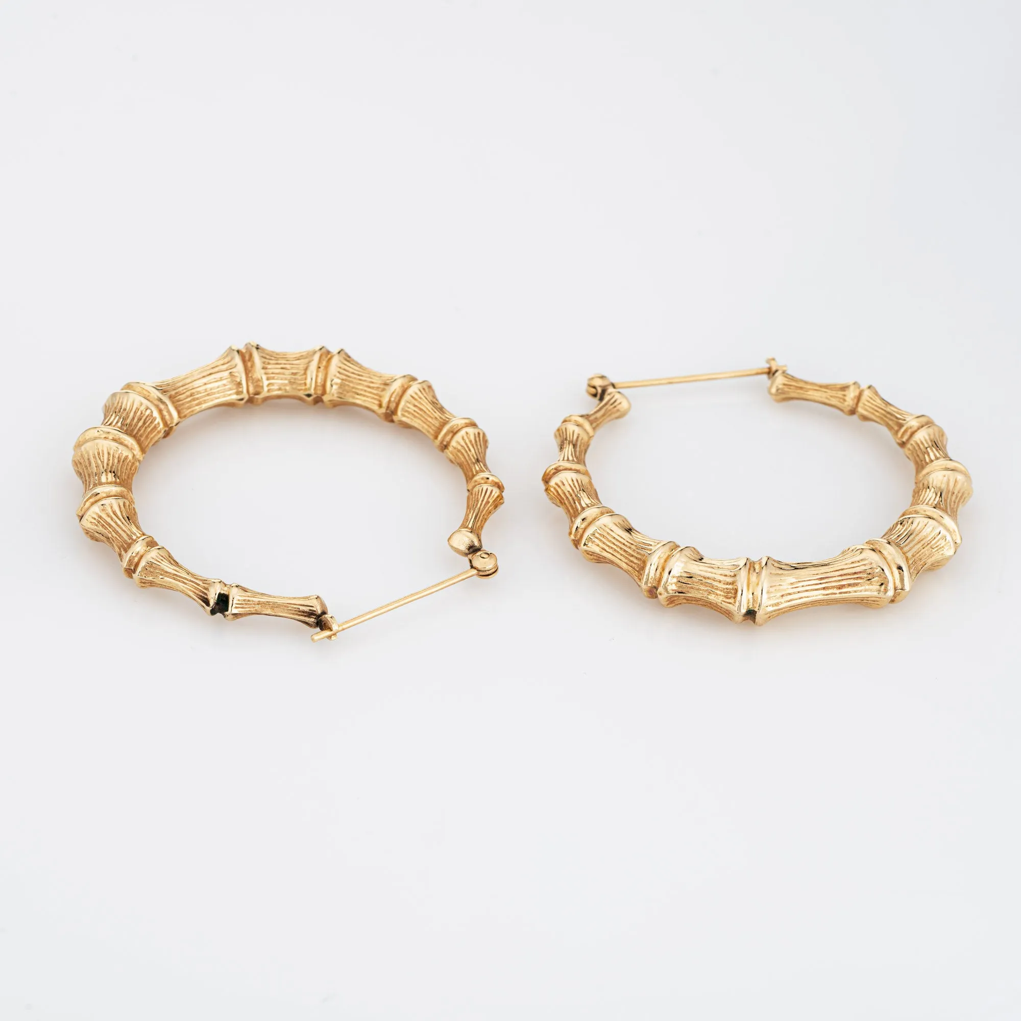 Large 1.5" Bamboo Hoop Earrings Vintage 14k Yellow Gold Estate Fine Jewelry