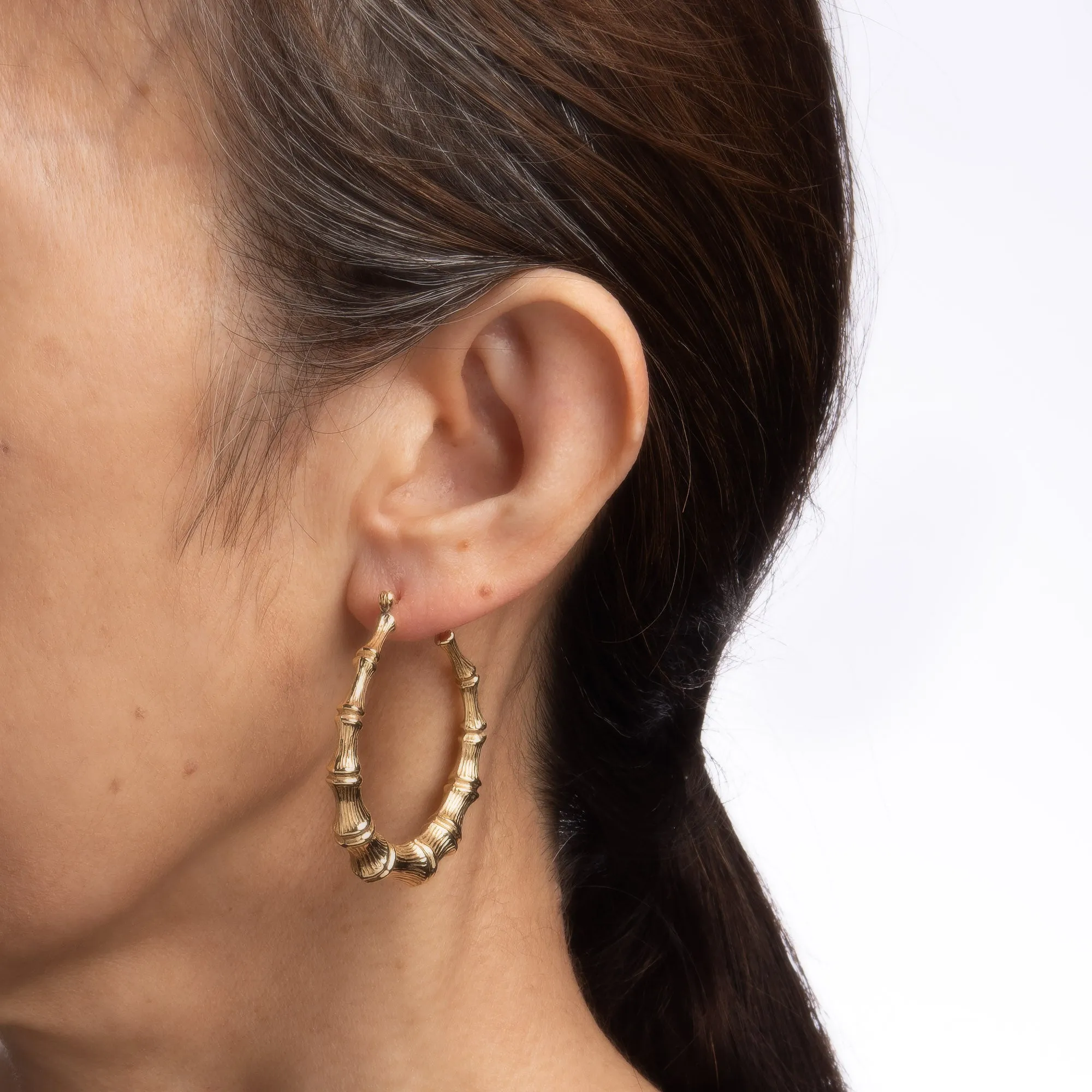 Large 1.5" Bamboo Hoop Earrings Vintage 14k Yellow Gold Estate Fine Jewelry