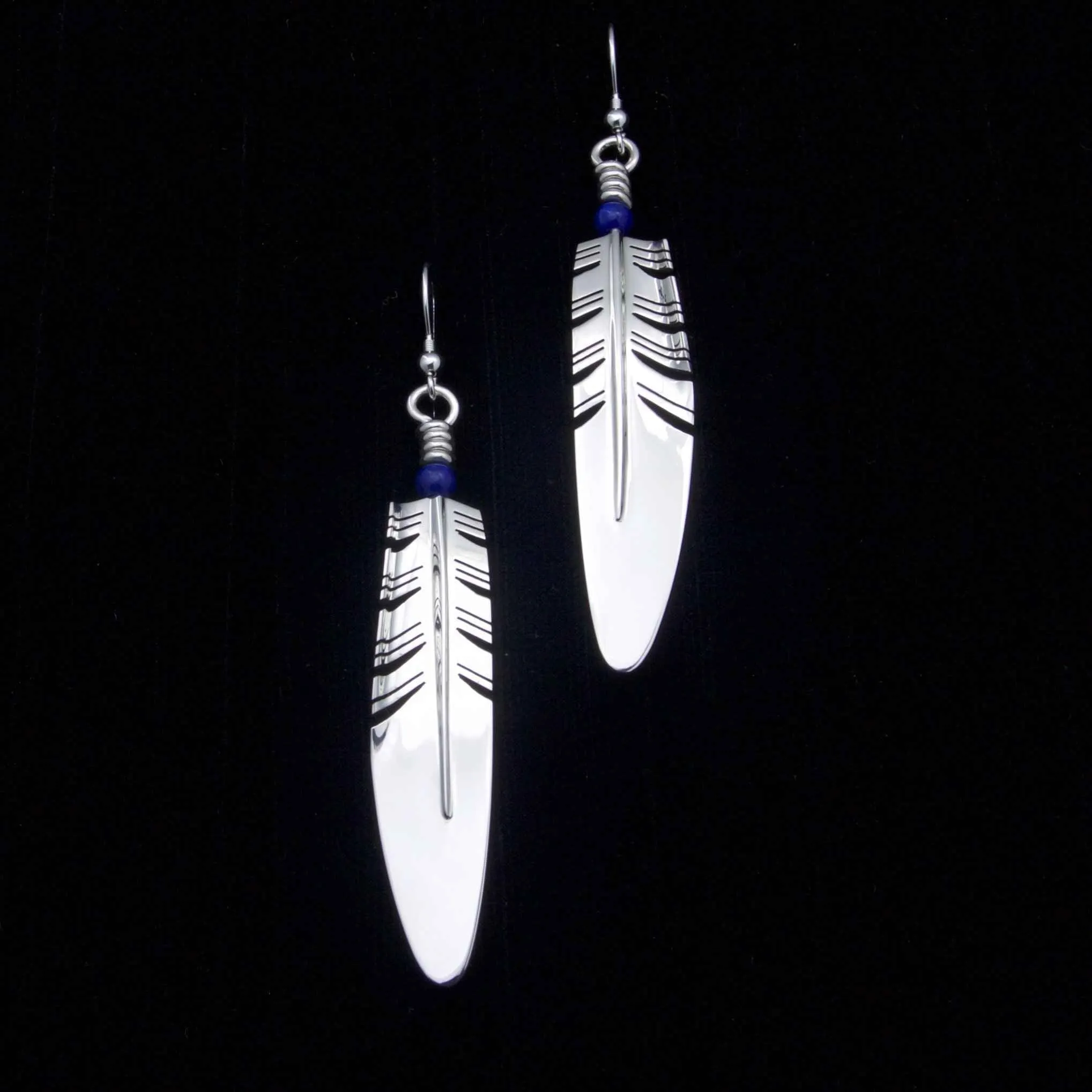 Large Feather Earrings with Lapis Bead