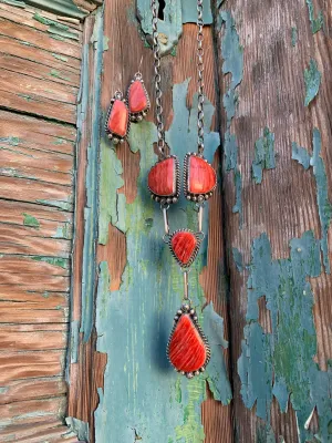 Lariat Red Spiny necklace & earring set