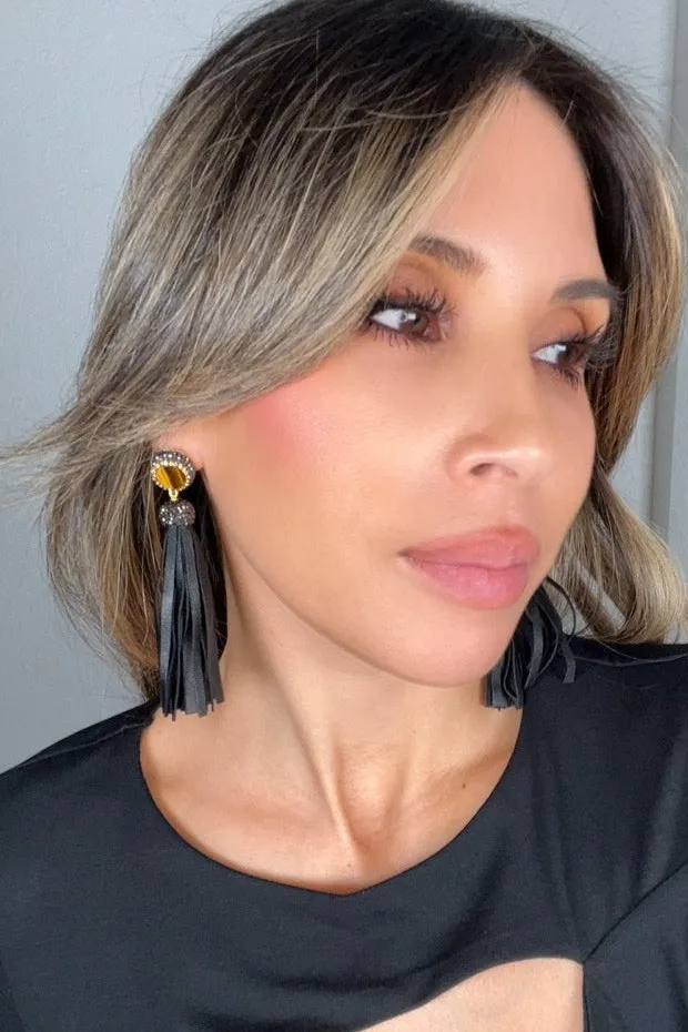 Leather 925 Sterling Silver Gemstone Tassel Earring