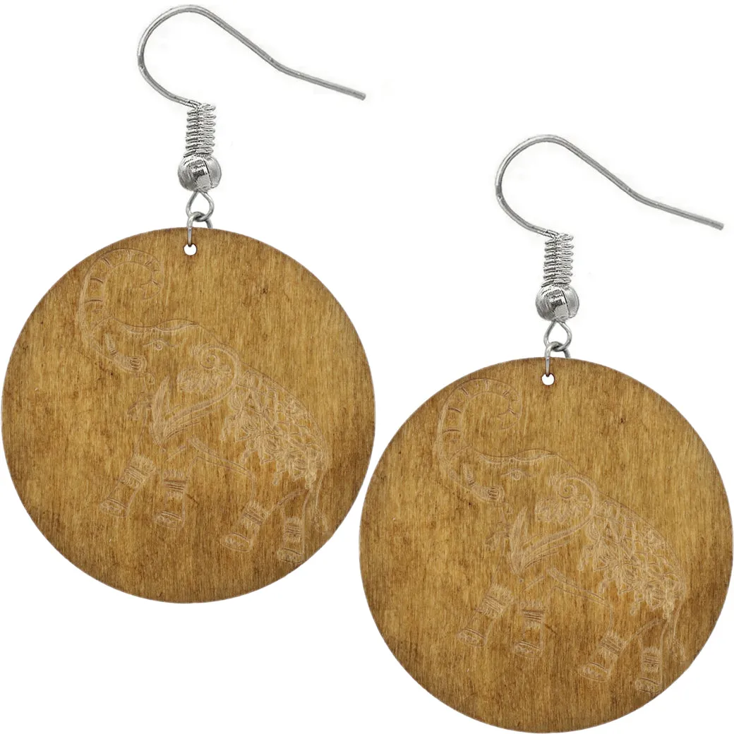 Light Brown Elephant Printed Round Wooden Earrings