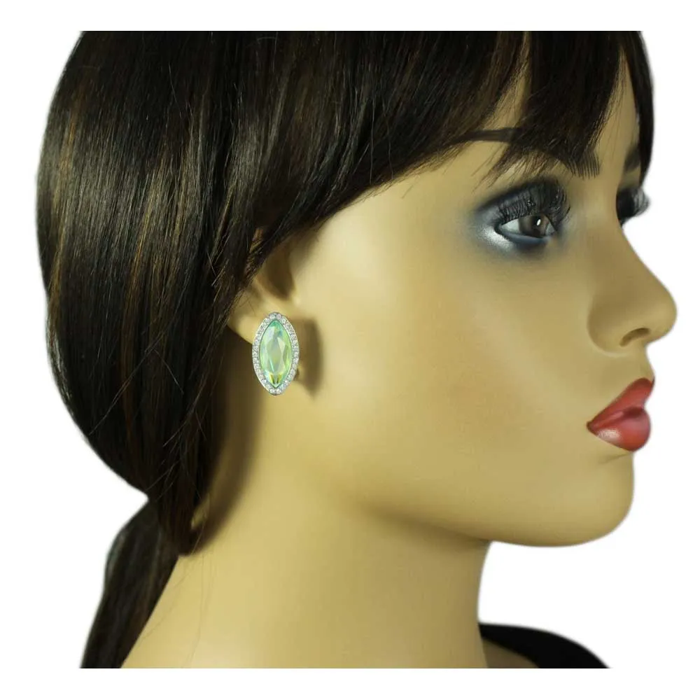 Light Green Marquis Glass with Clear Crystals Clip Earring - REC281C