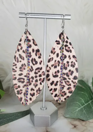 Light Leopard Feather Earrings with AB Stones down the middle