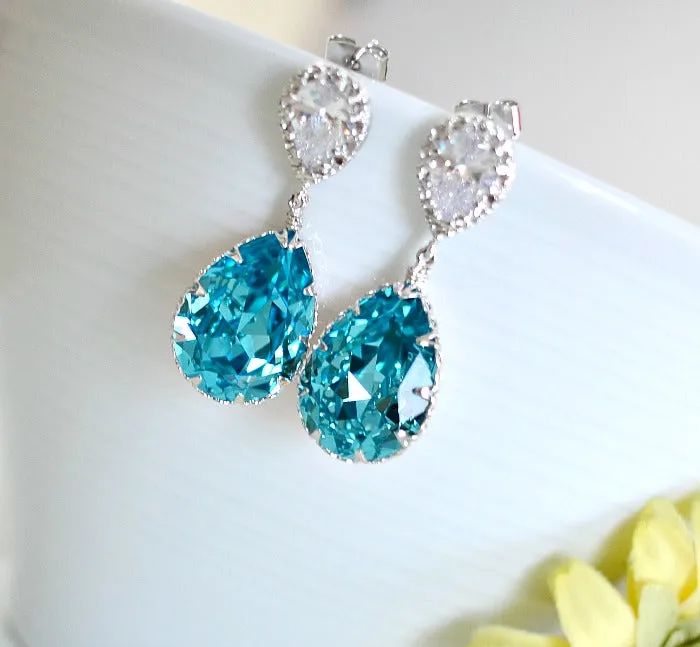 Light Turquoise Swarovski Crystal Teardrop Matte Rhodium Plated Cubic Zirconia Bridal Earrings. Bridemaids Earrings. Bridal Wedding Jewelry