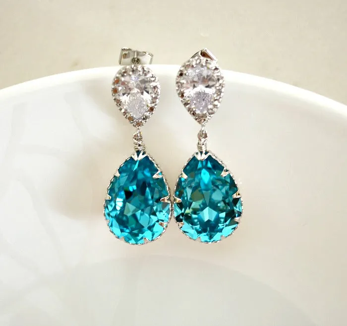 Light Turquoise Swarovski Crystal Teardrop Matte Rhodium Plated Cubic Zirconia Bridal Earrings. Bridemaids Earrings. Bridal Wedding Jewelry