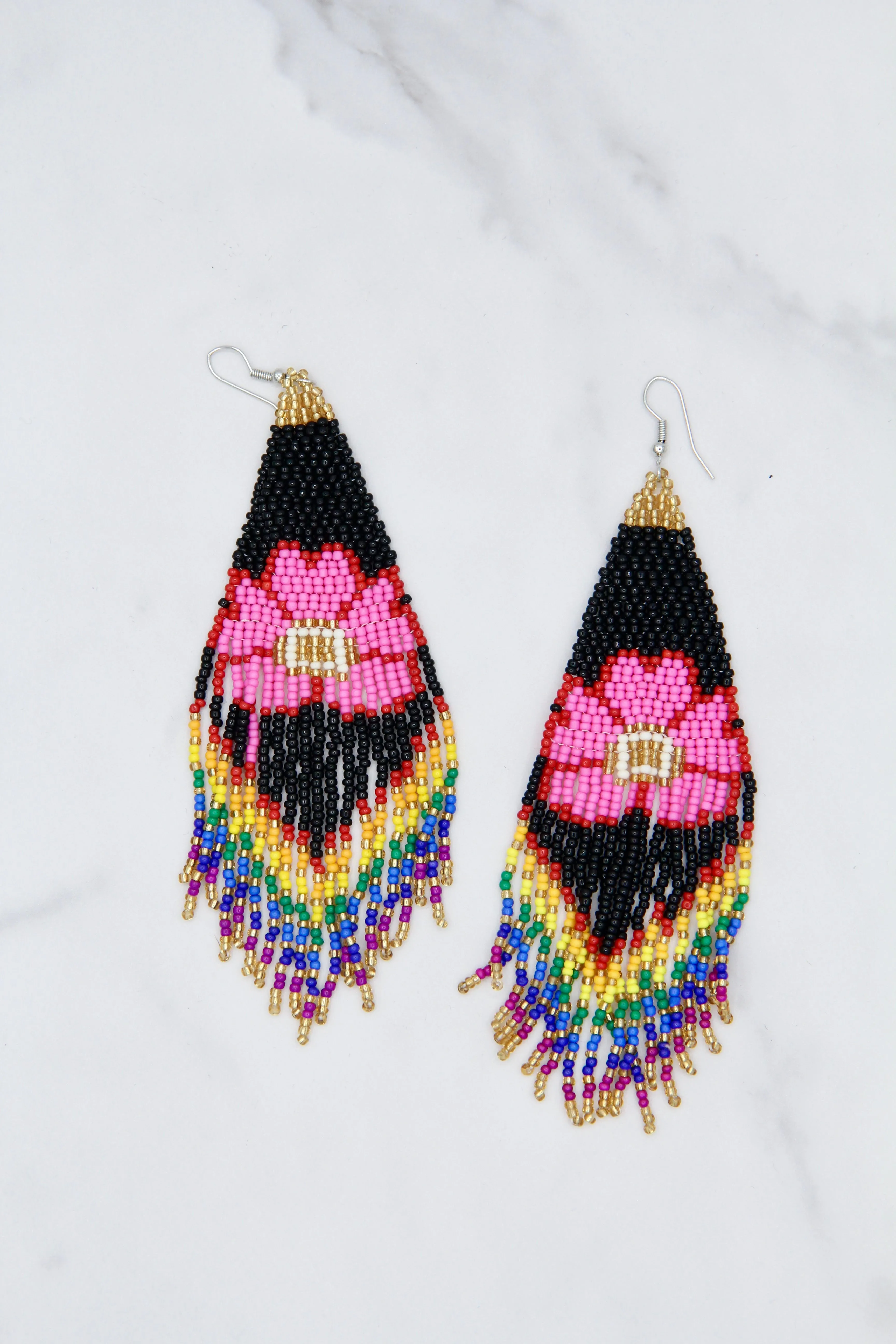 Lolita Beaded Flower & Rainbow Tassel Dangle Earrings