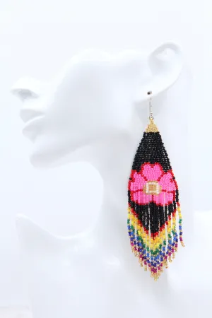 Lolita Beaded Flower & Rainbow Tassel Dangle Earrings