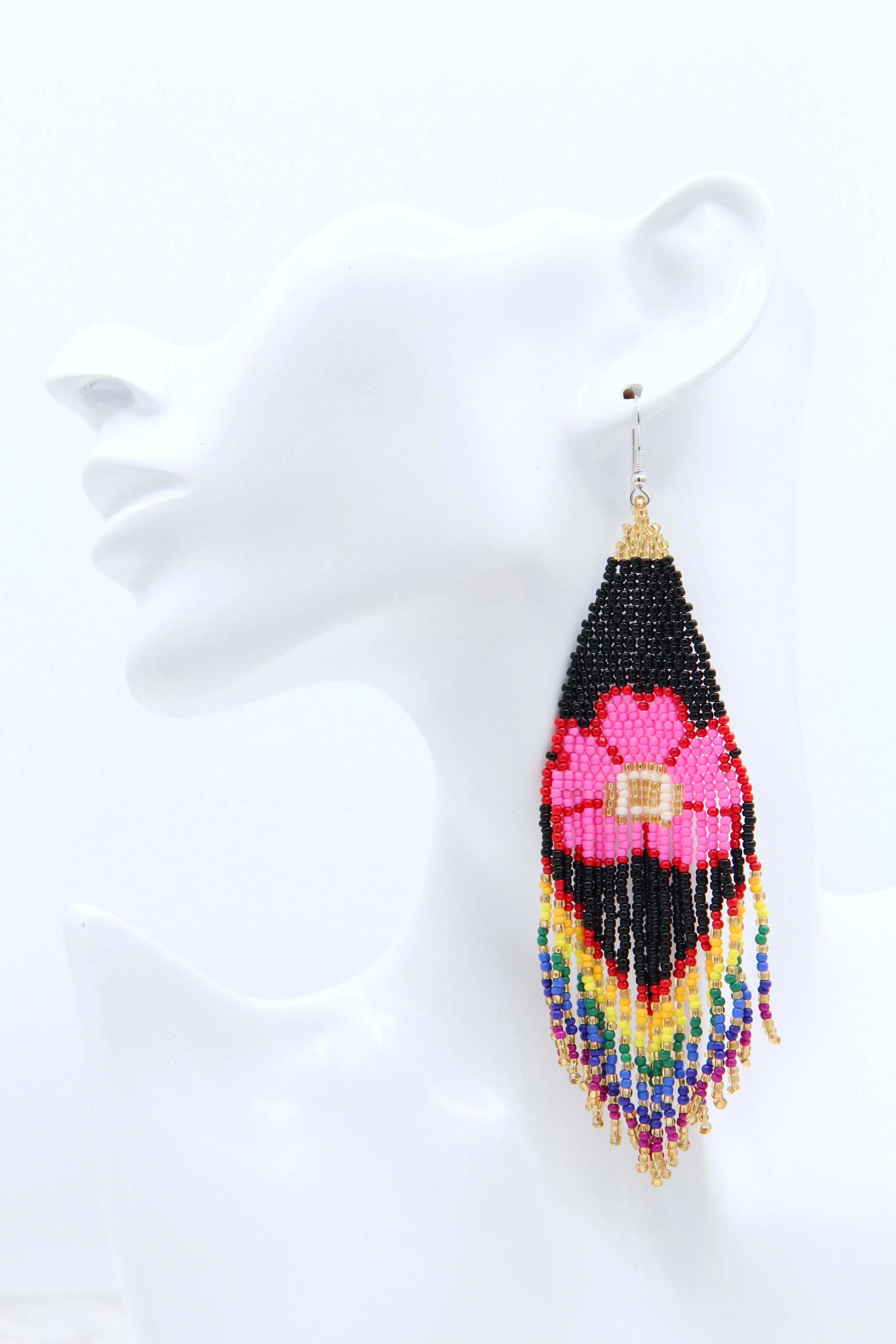 Lolita Beaded Flower & Rainbow Tassel Dangle Earrings