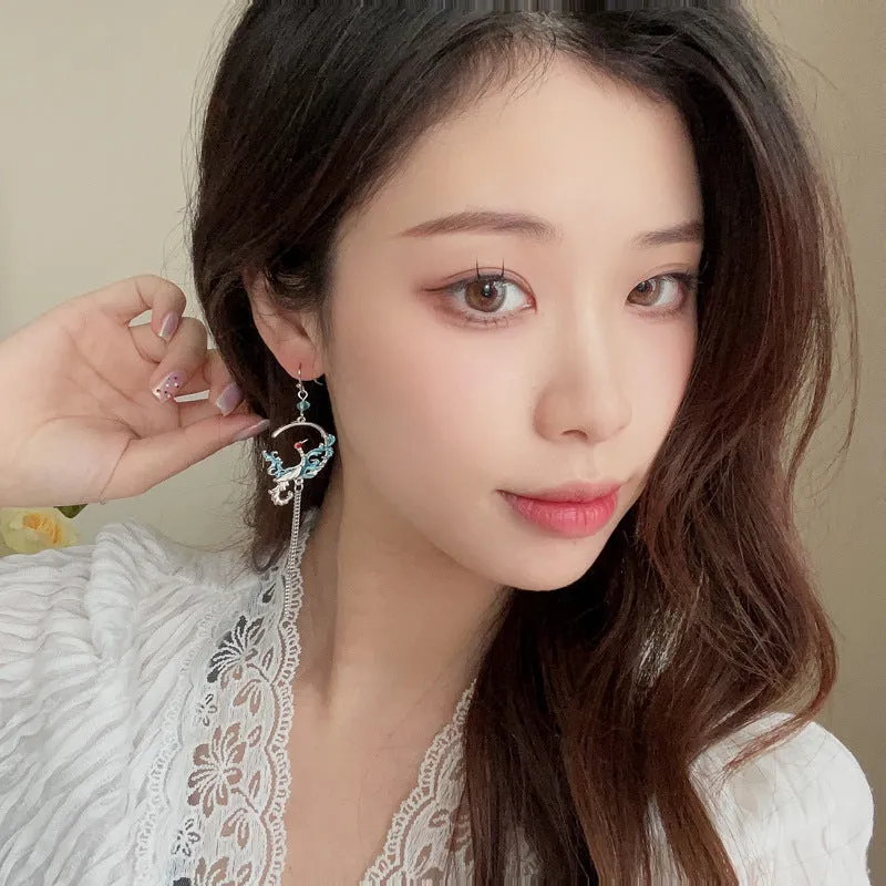 Long Crane Chain Tassel Earhook Earrings