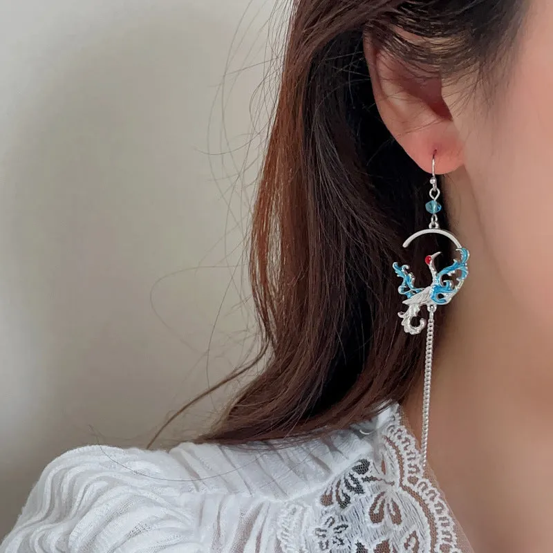 Long Crane Chain Tassel Earhook Earrings