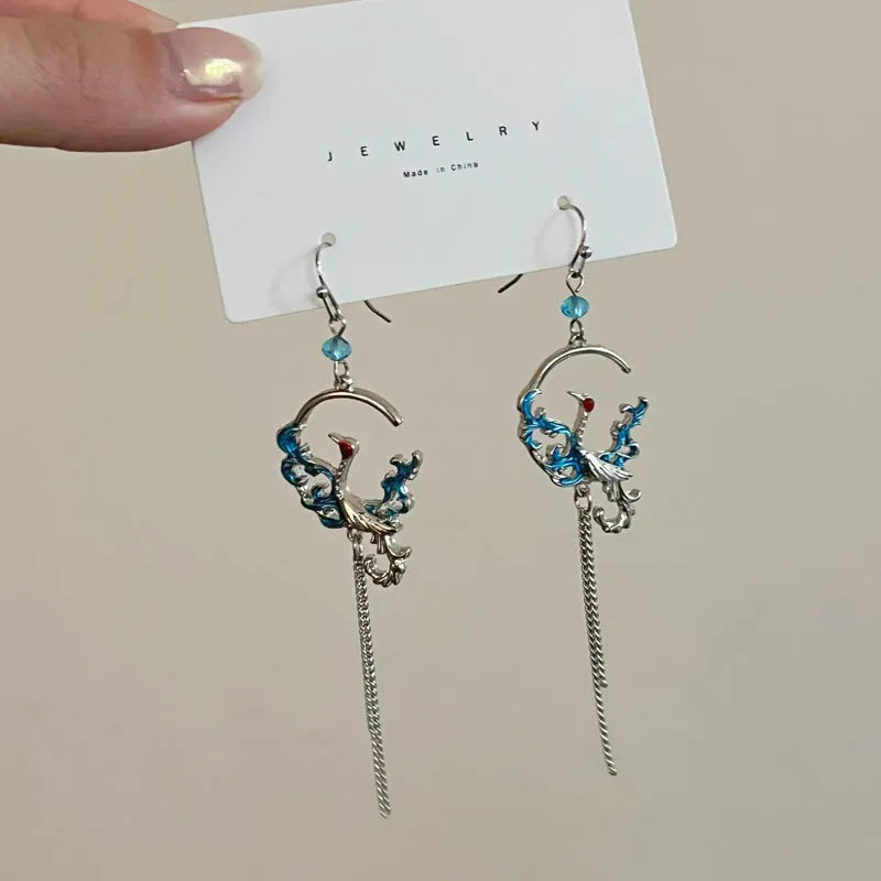 Long Crane Chain Tassel Earhook Earrings