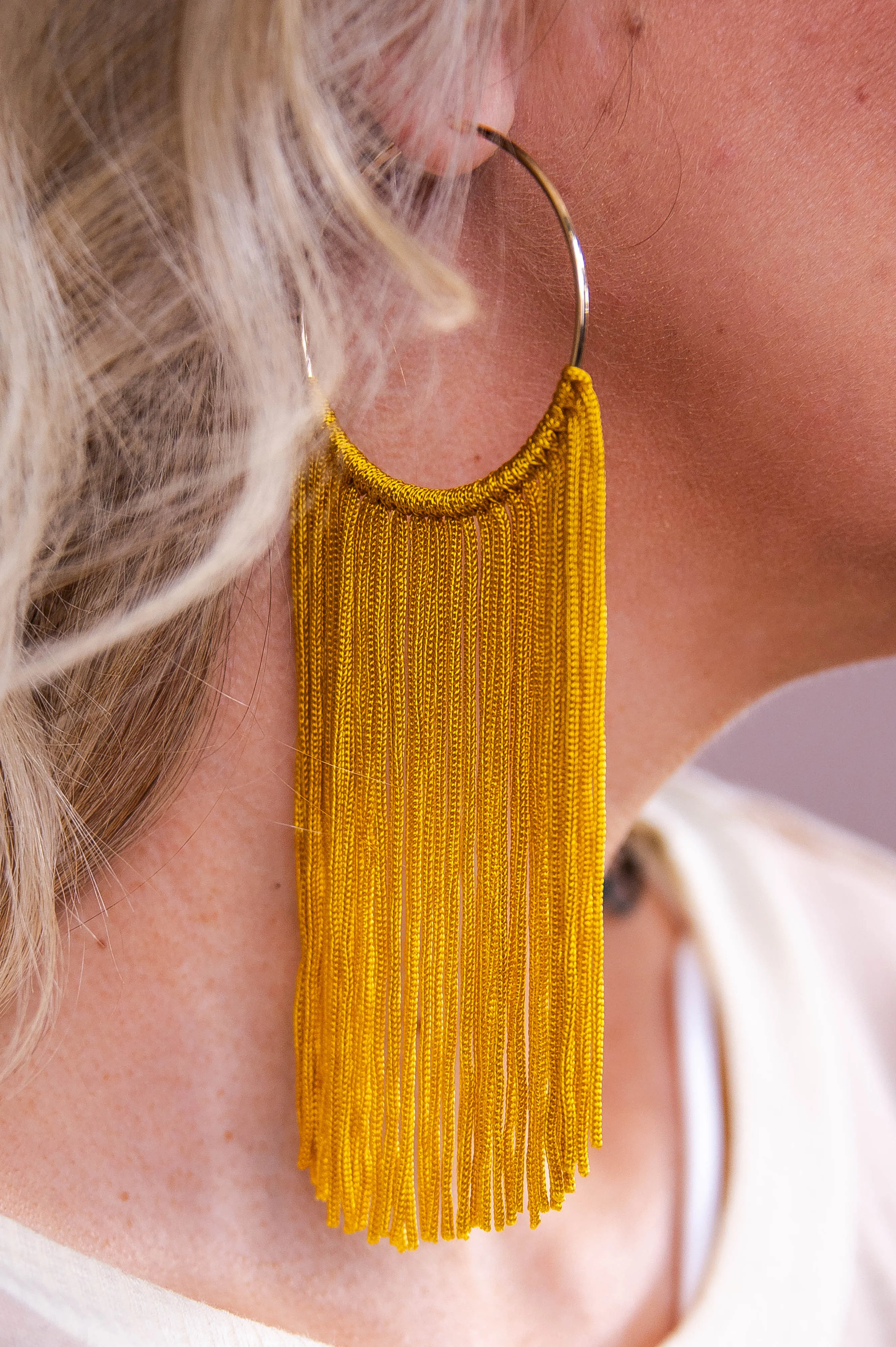Long Dark Mustard Tassel Gold Hoop Earrings - EAR4369DMU