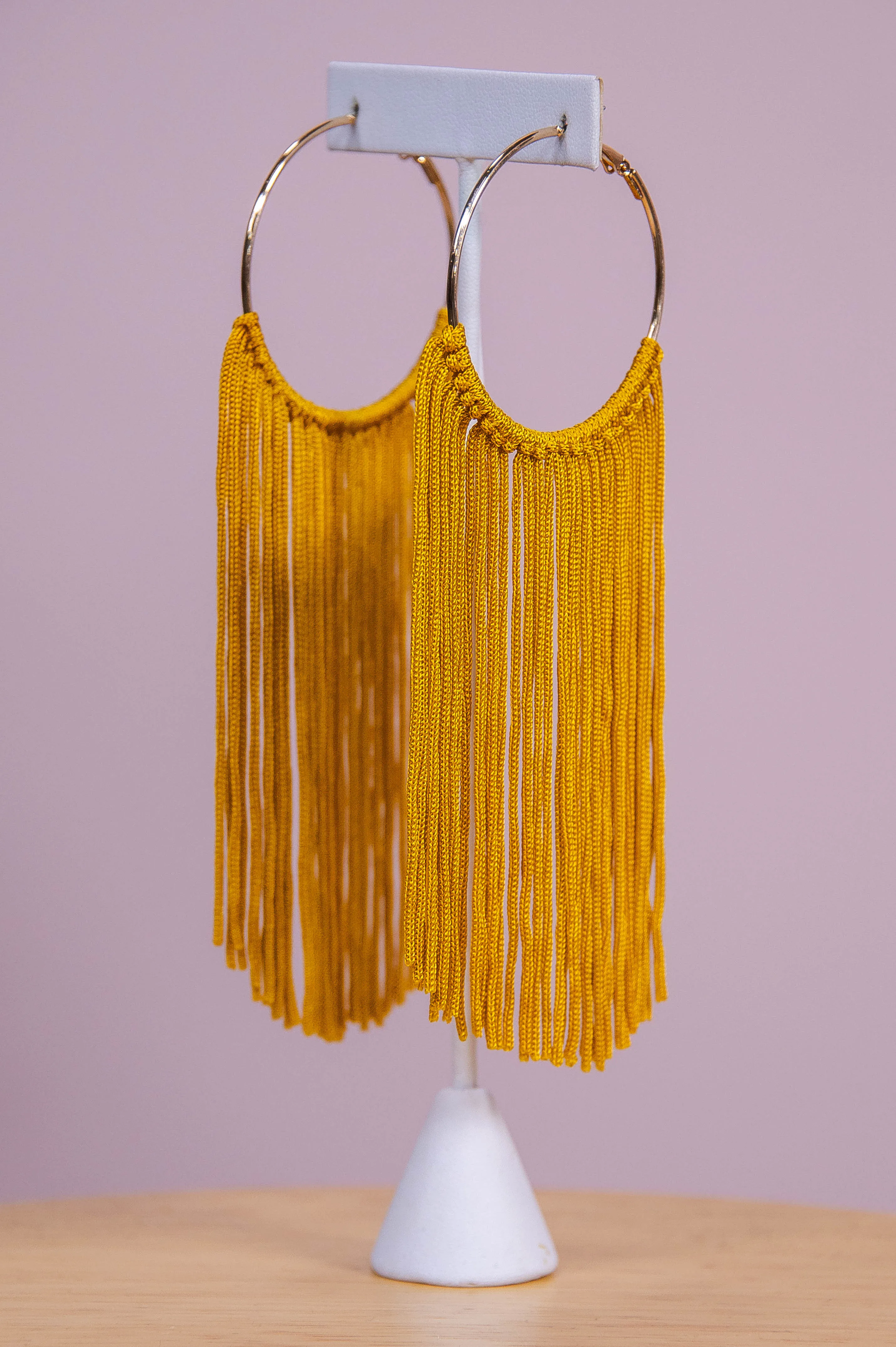 Long Dark Mustard Tassel Gold Hoop Earrings - EAR4369DMU