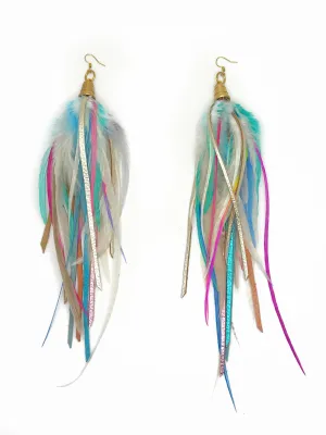 Long Feather & Leather Earrings - Pastel Candy