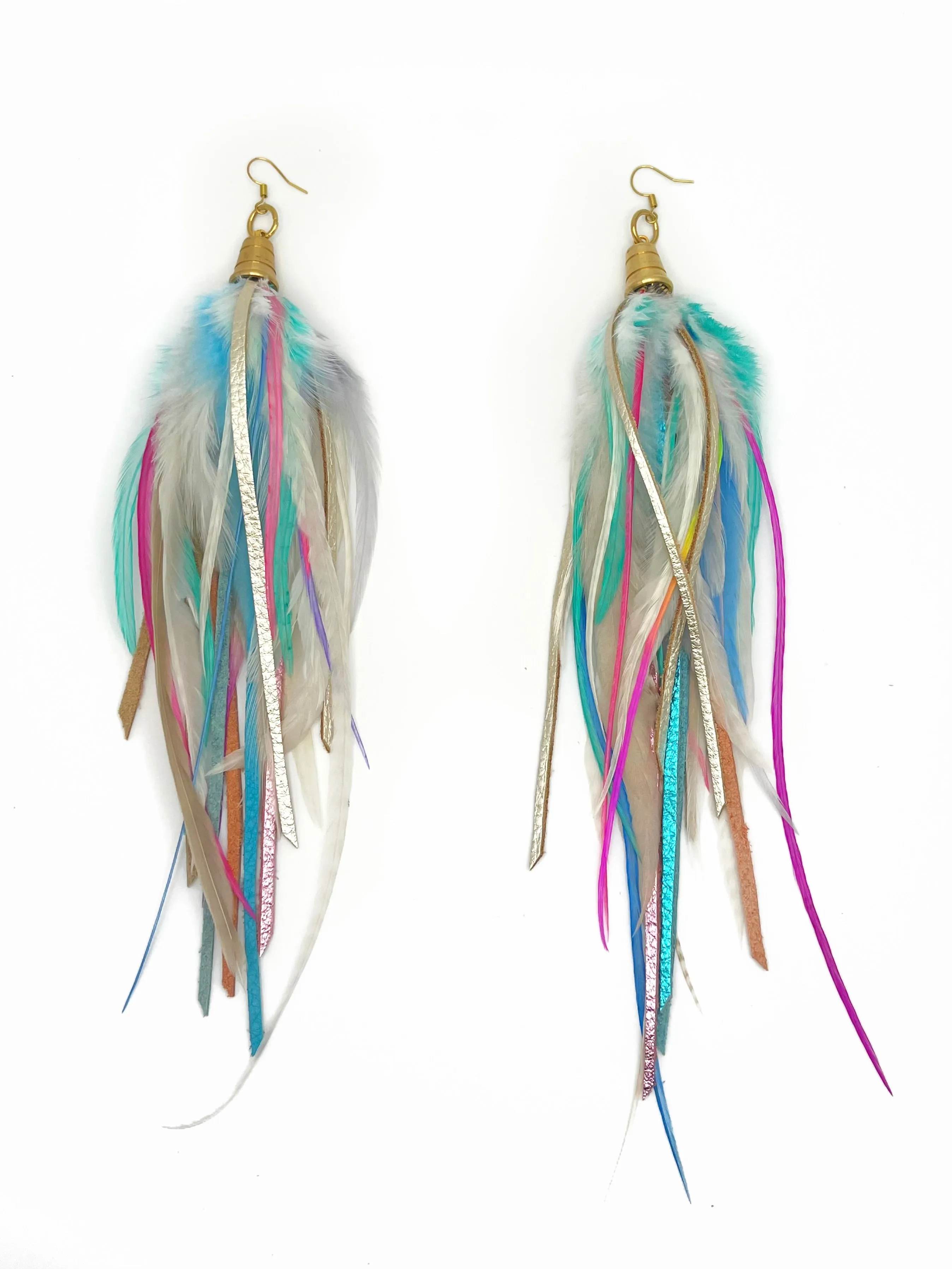 Long Feather & Leather Earrings - Pastel Candy