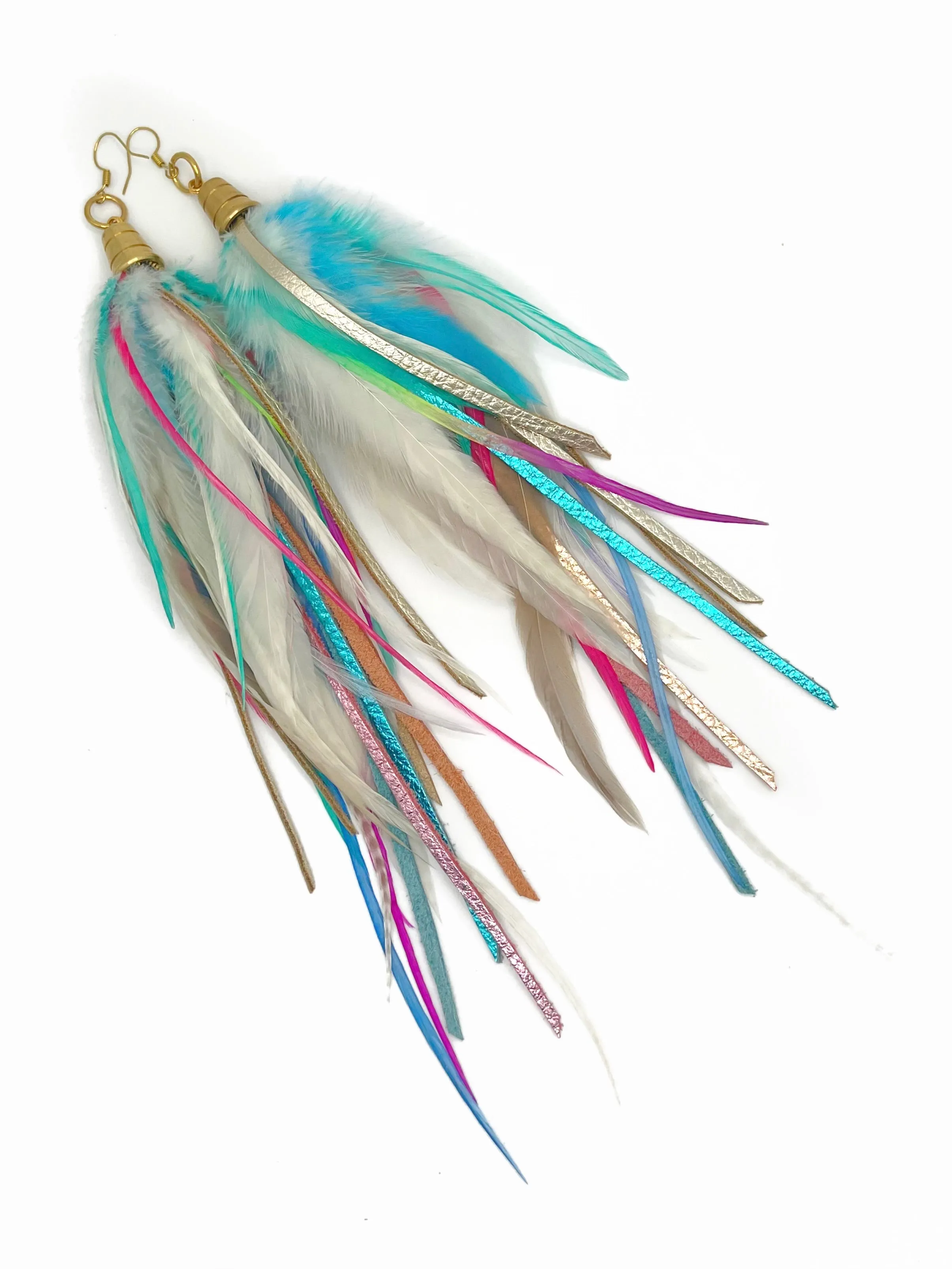 Long Feather & Leather Earrings - Pastel Candy