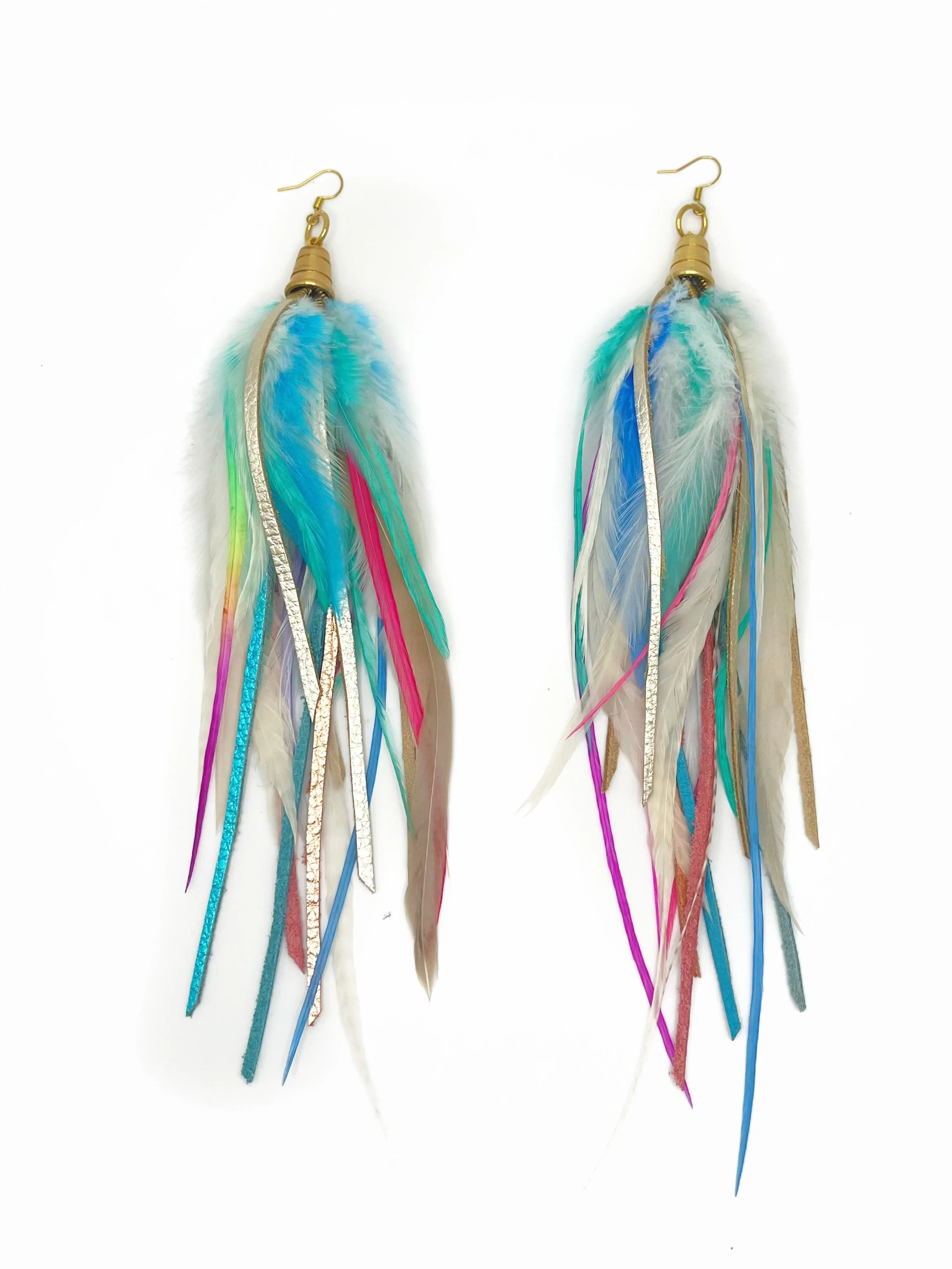 Long Feather & Leather Earrings - Pastel Candy