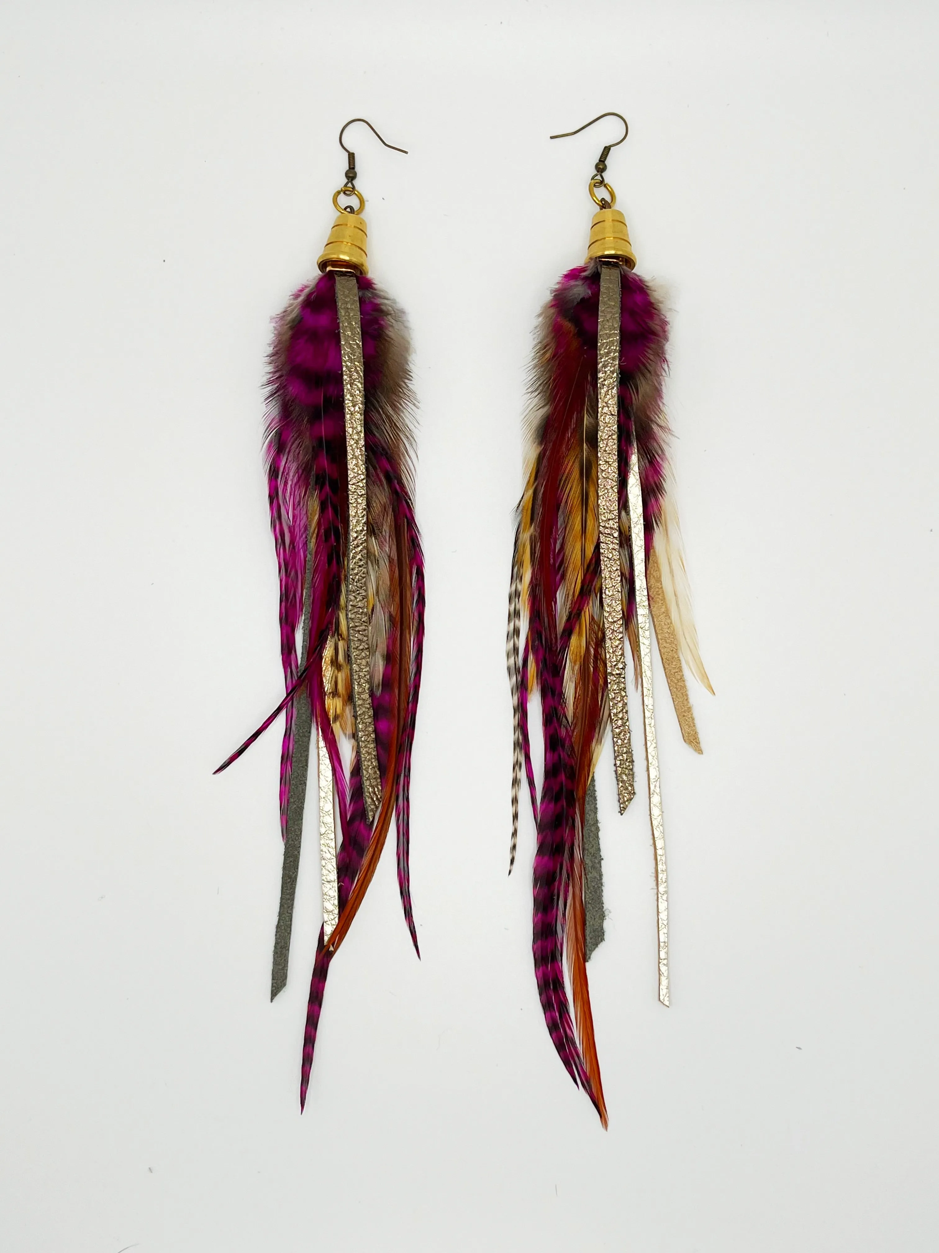 Long Feather & Leather Earrings with Bronze Pendant - Exotic Berries
