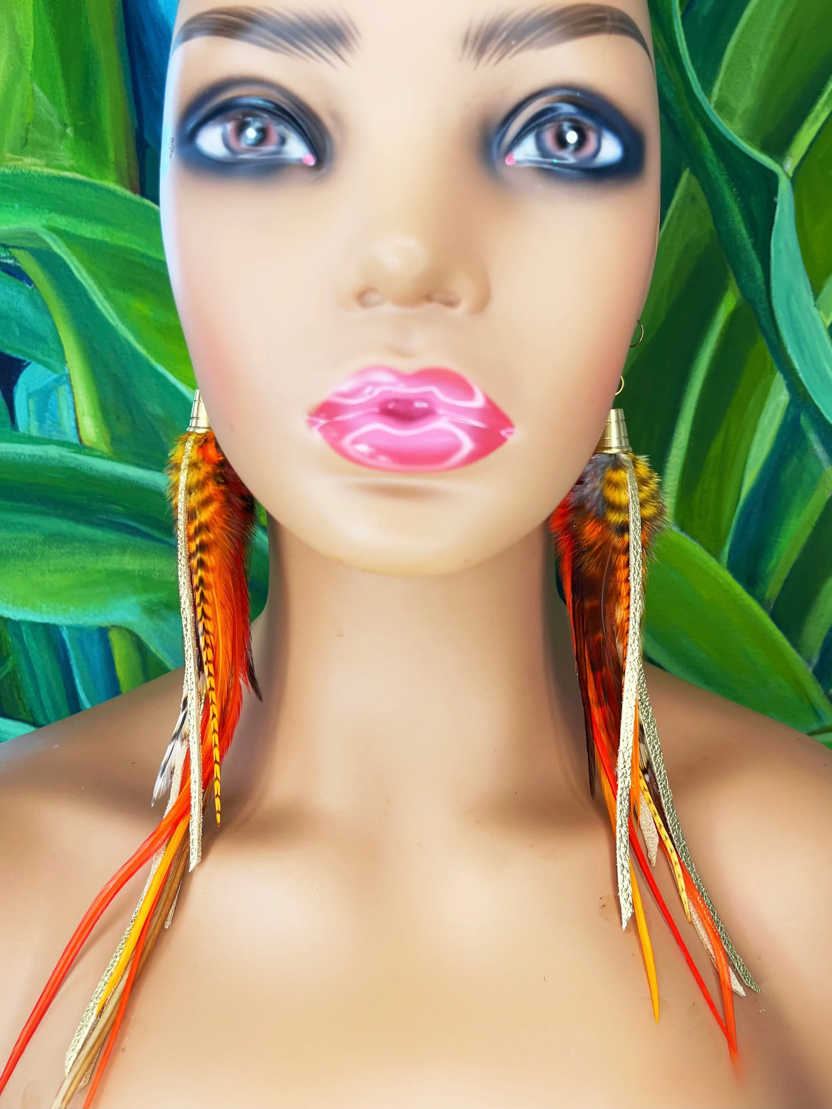 Long Feather & Leather Earrings with Bronze Pendant - Solar Flare