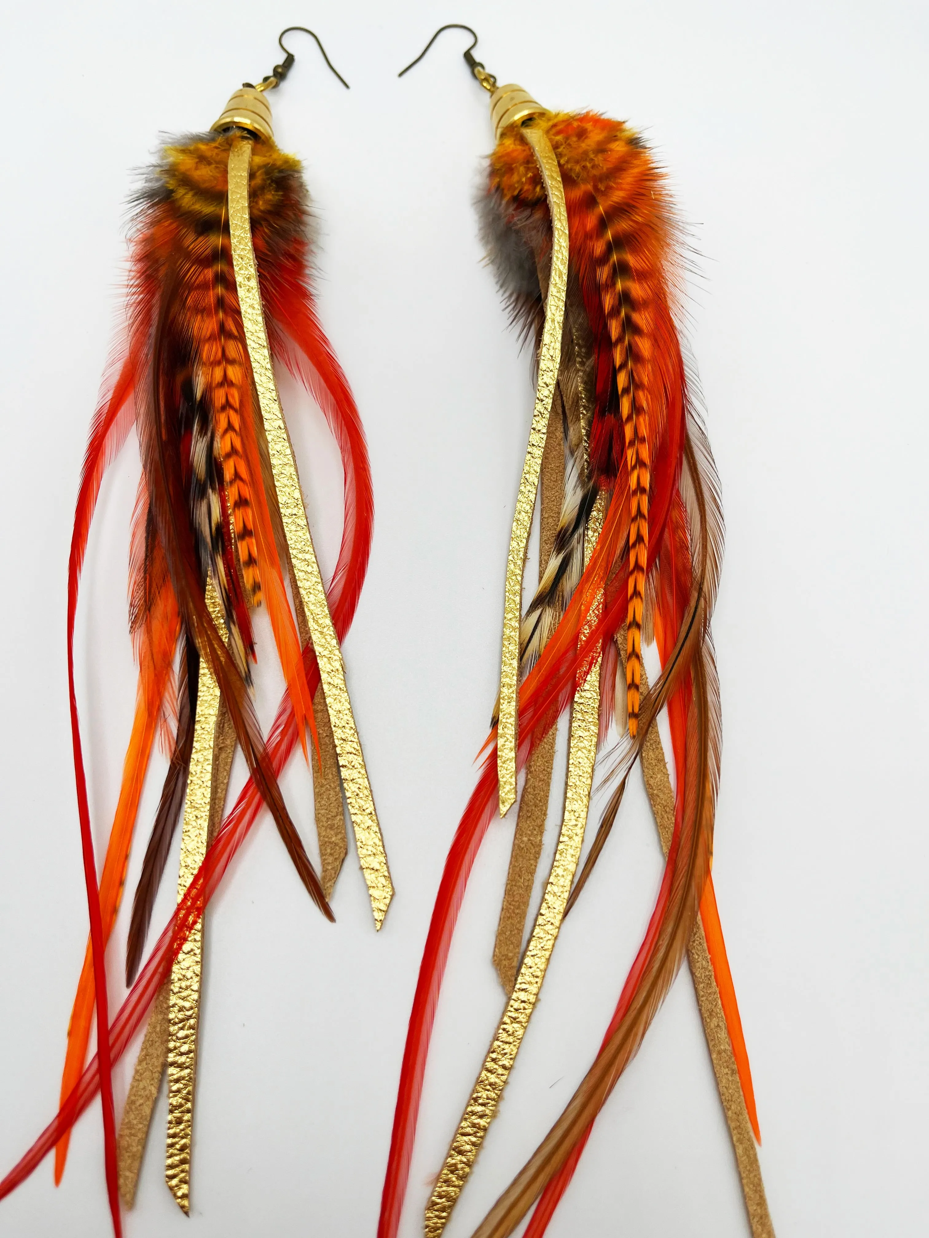 Long Feather & Leather Earrings with Bronze Pendant - Solar Flare
