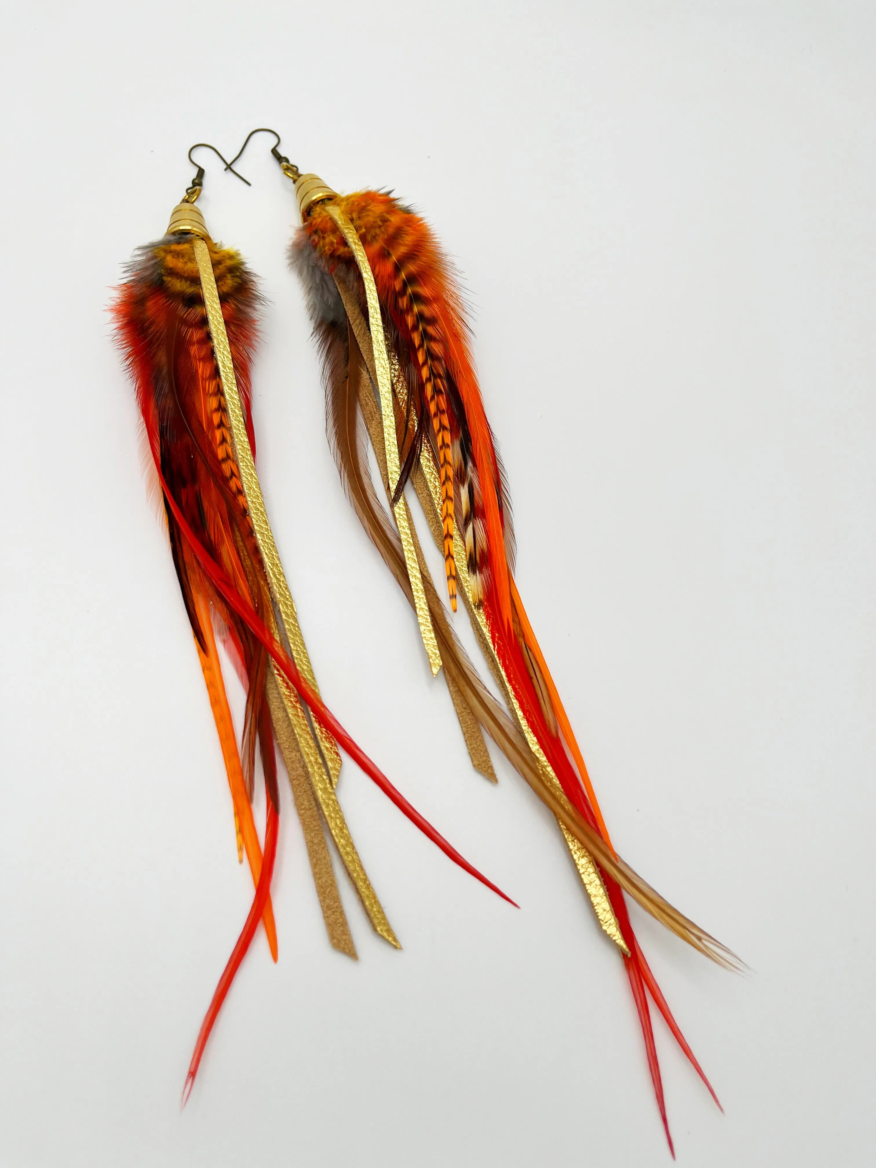 Long Feather & Leather Earrings with Bronze Pendant - Solar Flare