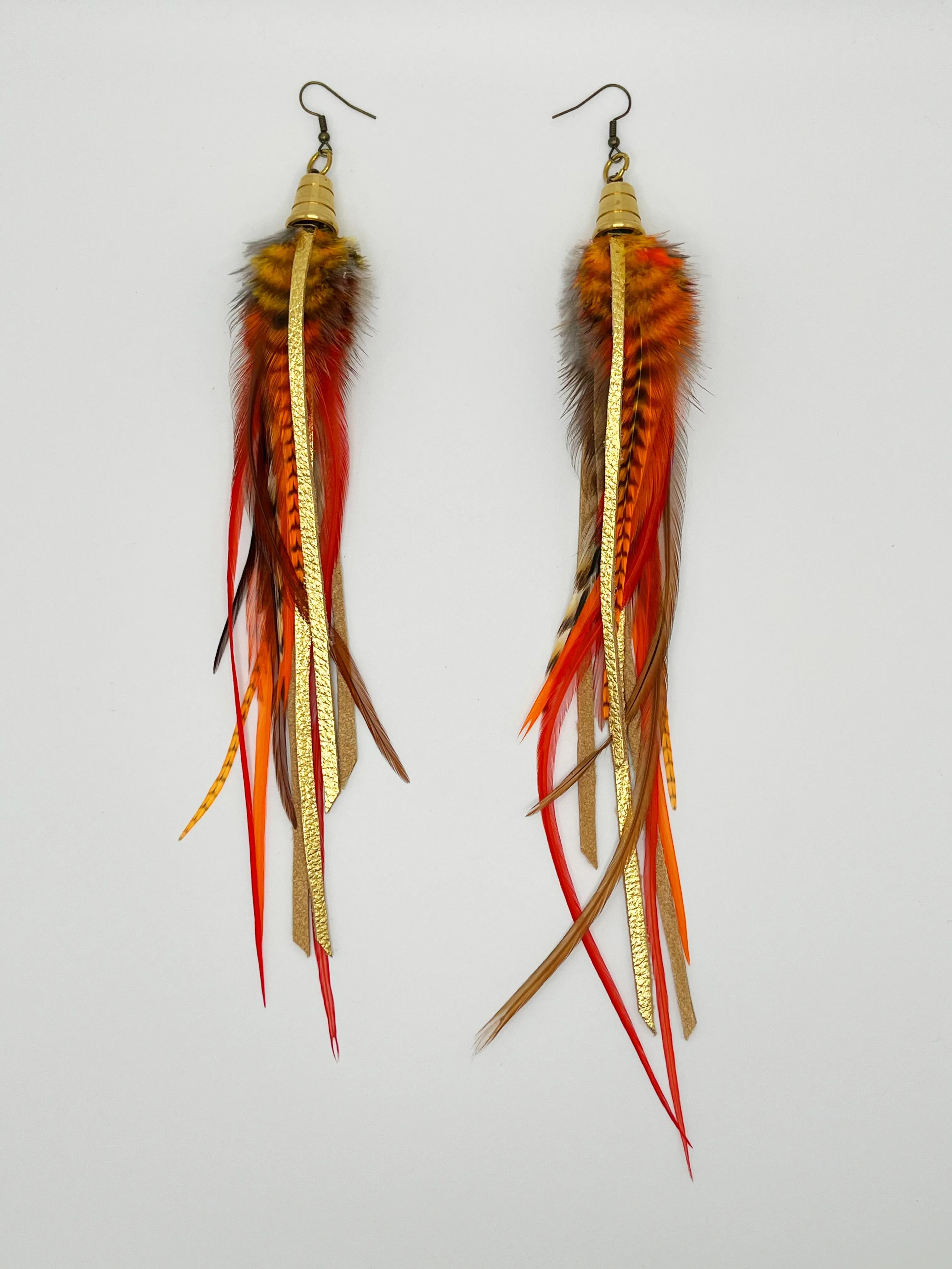 Long Feather & Leather Earrings with Bronze Pendant - Solar Flare
