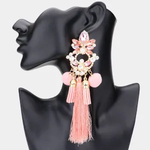 Long Fun Fashion Earrings with Peach Pom Pom and Tassel | Runway Earrings | 543469