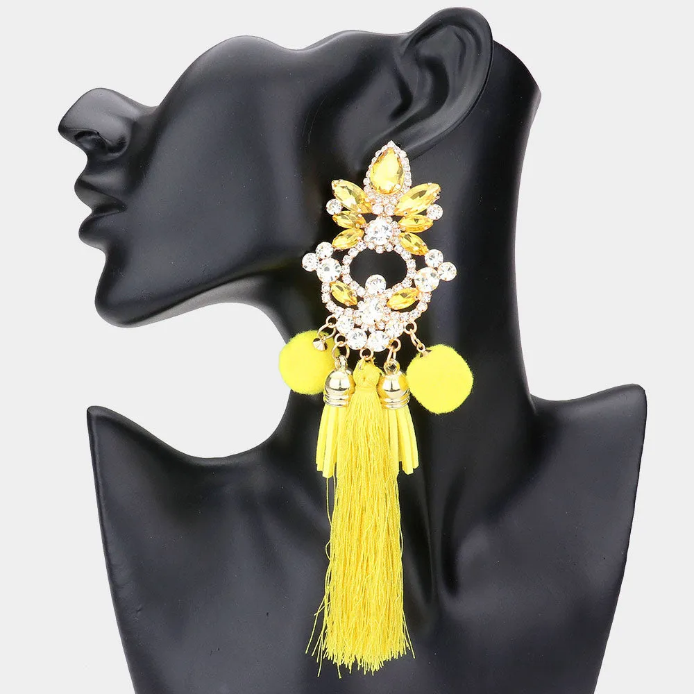 Long Fun Fashion Earrings with Yellow Pom Pom and Tassel | Runway Earrings | 543471