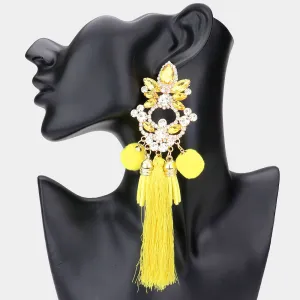 Long Fun Fashion Earrings with Yellow Pom Pom and Tassel | Runway Earrings | 543471