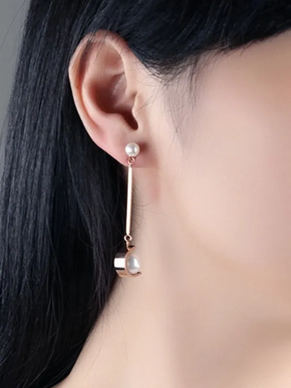 Long Temperament Pearl Tassel Earrings Titanium Steel Color Gold Earrings