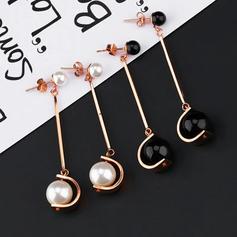 Long Temperament Pearl Tassel Earrings Titanium Steel Color Gold Earrings