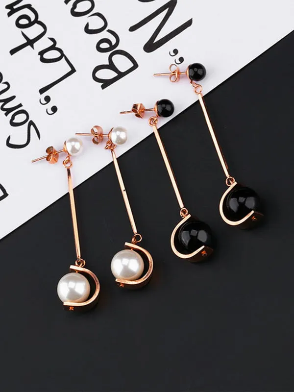 Long Temperament Pearl Tassel Earrings Titanium Steel Color Gold Earrings