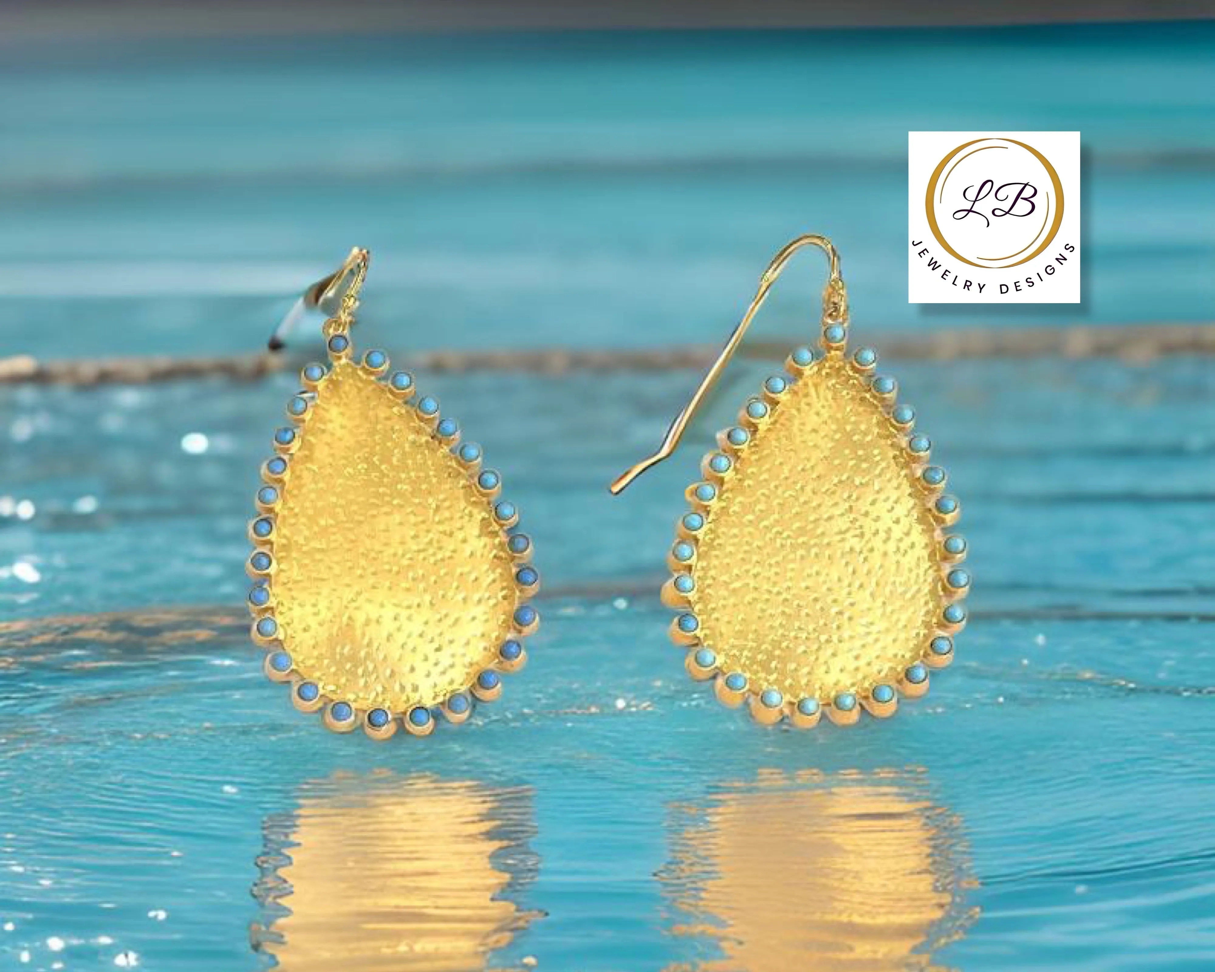 Lovely 22k Gold Vermeil Turquoise Gemstone Statement Dangle Earrings