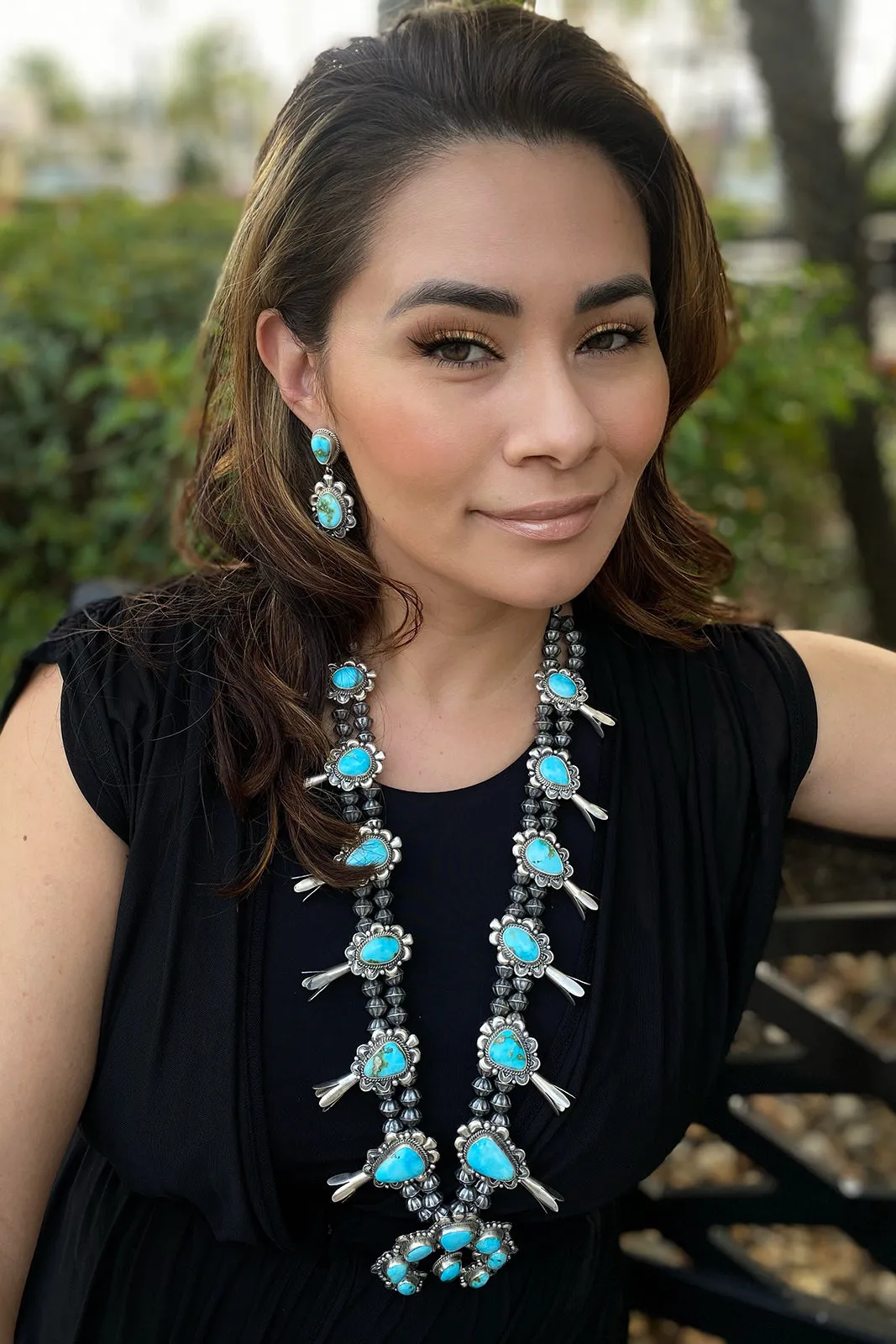 Lucian Koinva Sonoran Gold Turquoise Squash Blossom Necklace and Earrings