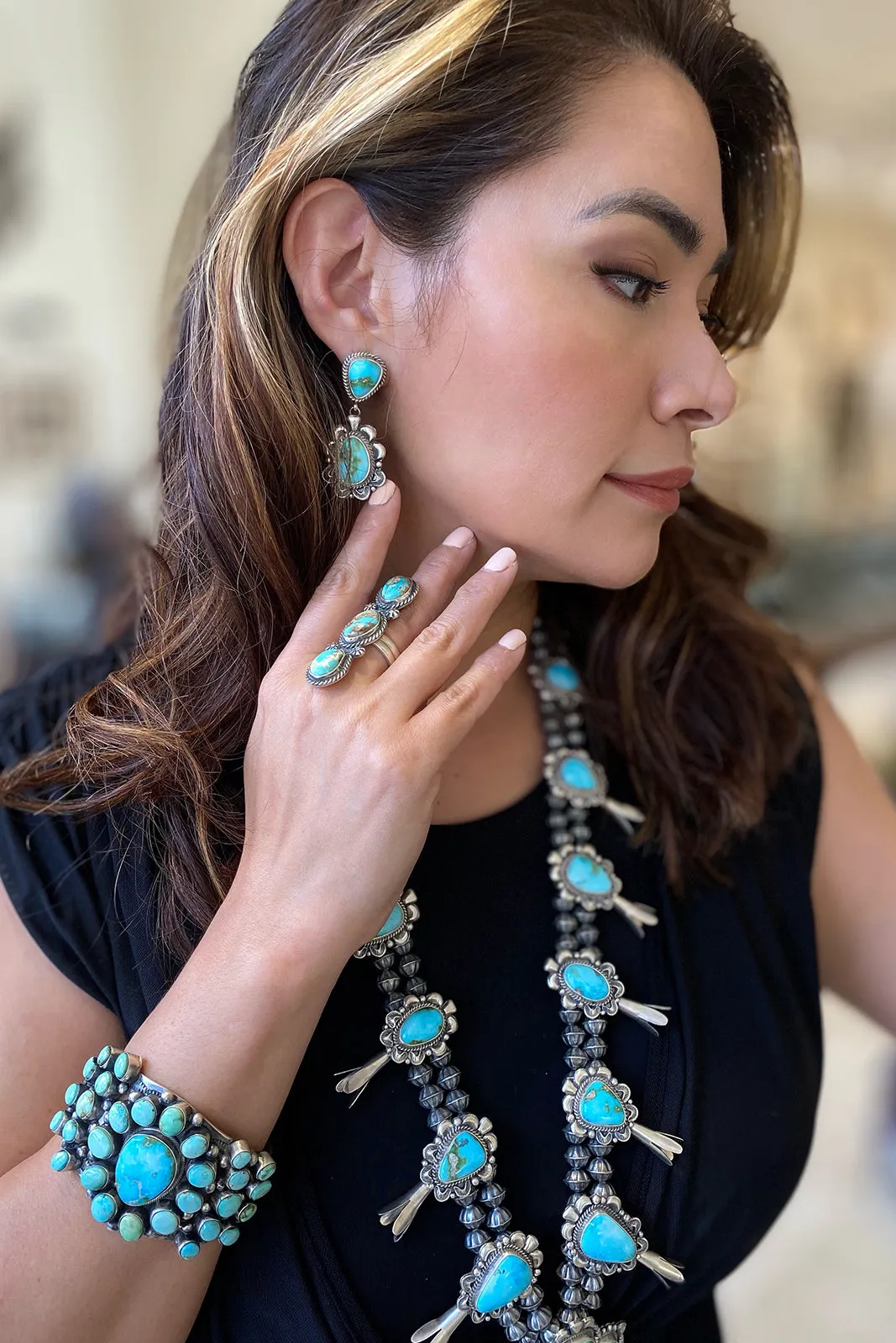 Lucian Koinva Sonoran Gold Turquoise Squash Blossom Necklace and Earrings