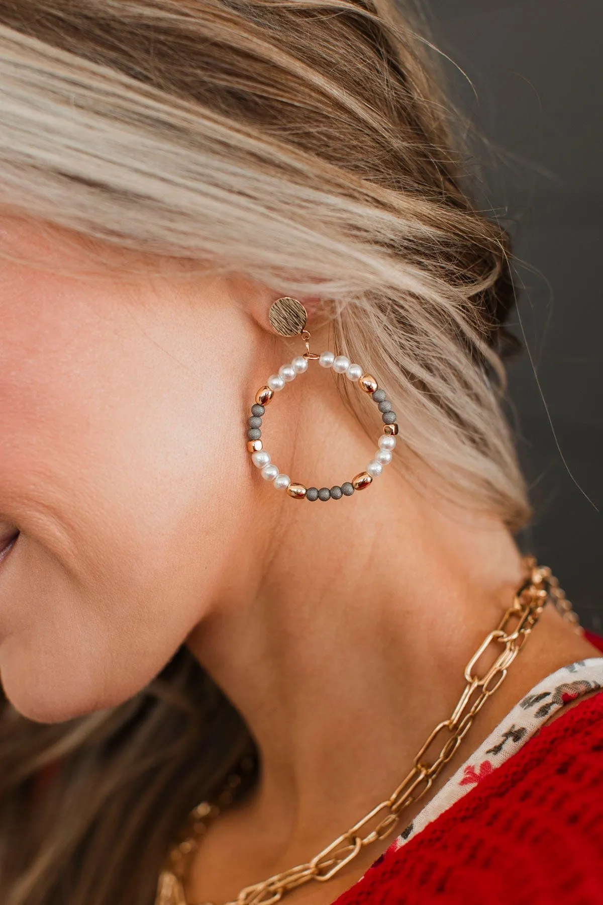 Lucky One Beaded Hoop Drop Earrings- Ivory & Gold