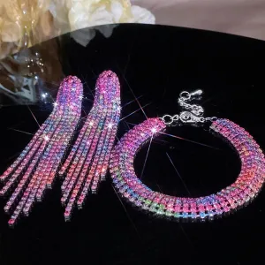 Luxury Crystal Bridal Jewelry Set Silver Plated Rhinestone Bracelet and Earrings Tassel