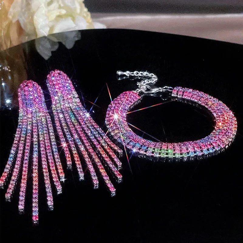 Luxury Crystal Bridal Jewelry Set Silver Plated Rhinestone Bracelet and Earrings Tassel
