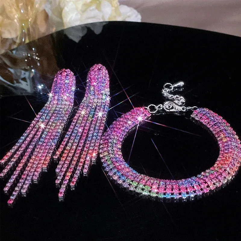 Luxury Crystal Bridal Jewelry Set Silver Plated Rhinestone Bracelet and Earrings Tassel