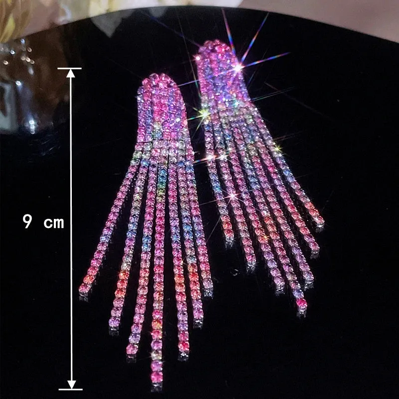 Luxury Crystal Bridal Jewelry Set Silver Plated Rhinestone Bracelet and Earrings Tassel