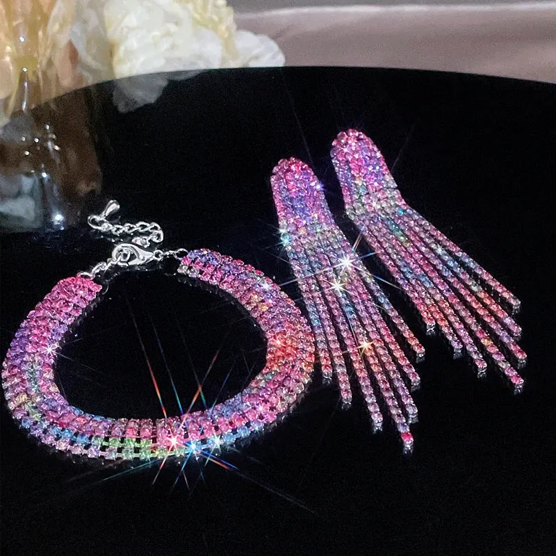 Luxury Crystal Bridal Jewelry Set Silver Plated Rhinestone Bracelet and Earrings Tassel