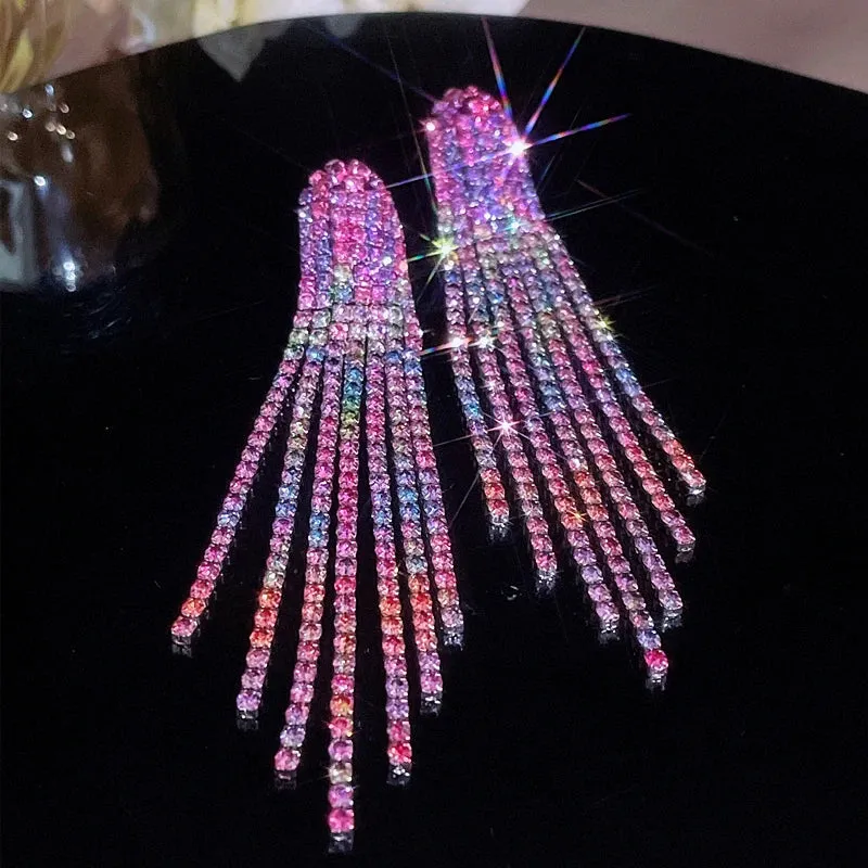 Luxury Crystal Bridal Jewelry Set Silver Plated Rhinestone Bracelet and Earrings Tassel