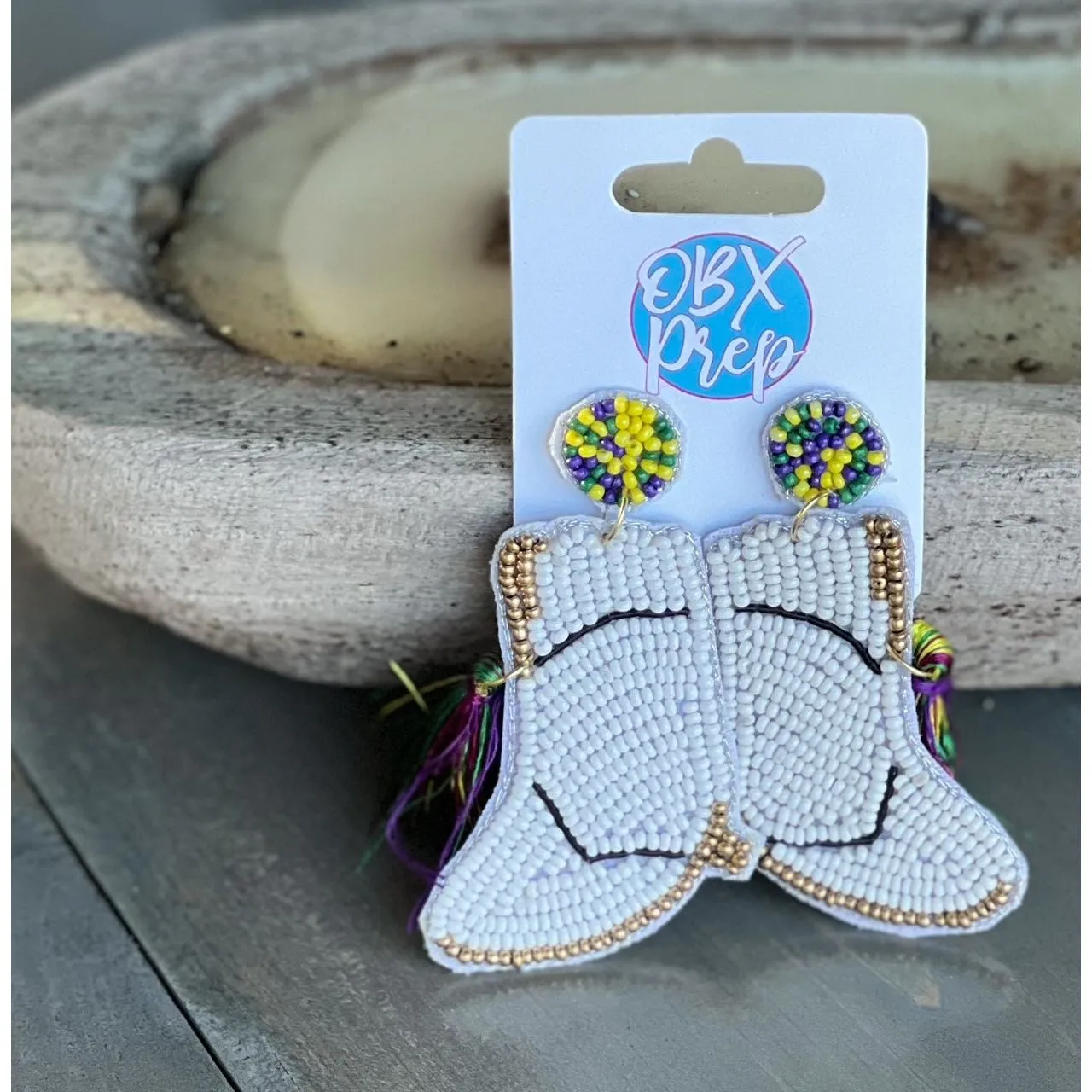Mardi Gras Seed Beaded Boot Earrings with Tassels.