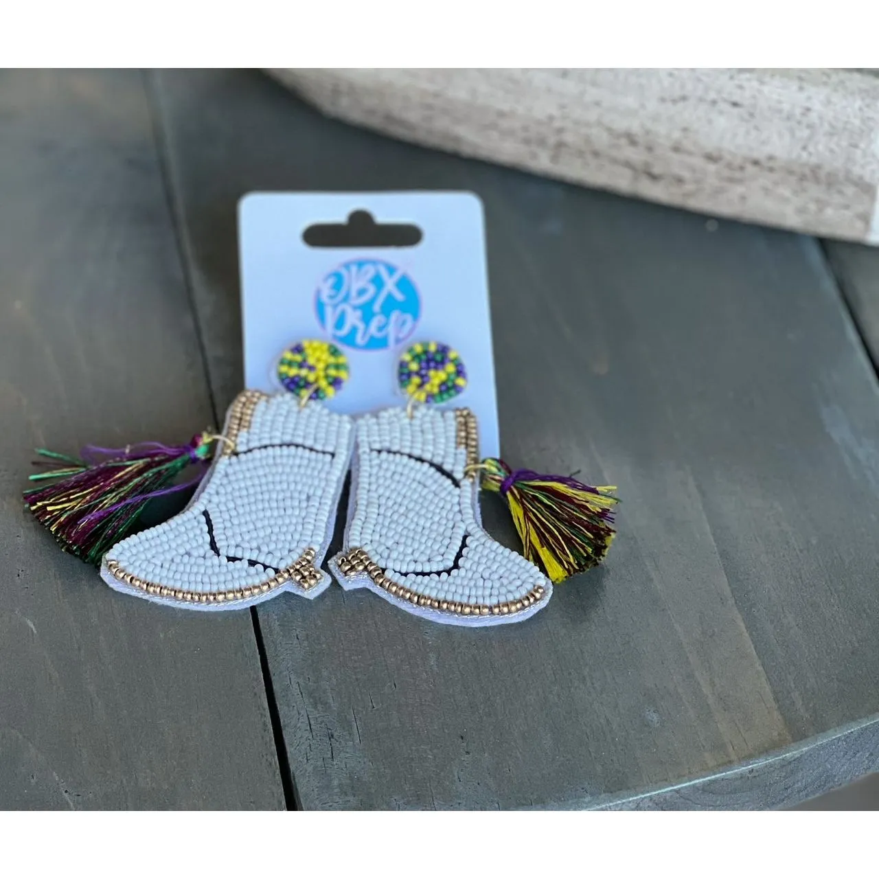Mardi Gras Seed Beaded Boot Earrings with Tassels.